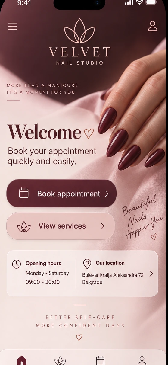 Velvet Nail Studio booking app concept