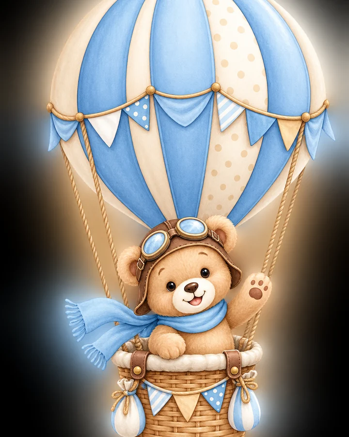 Teddy Balloon first birthday invitation for a boy
