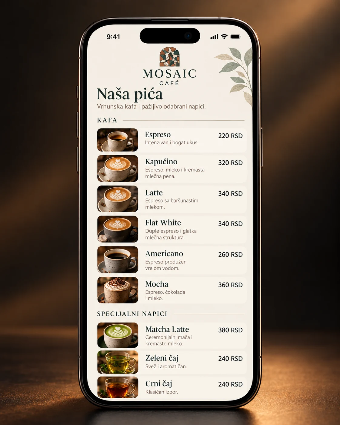 Drinks and prices menu