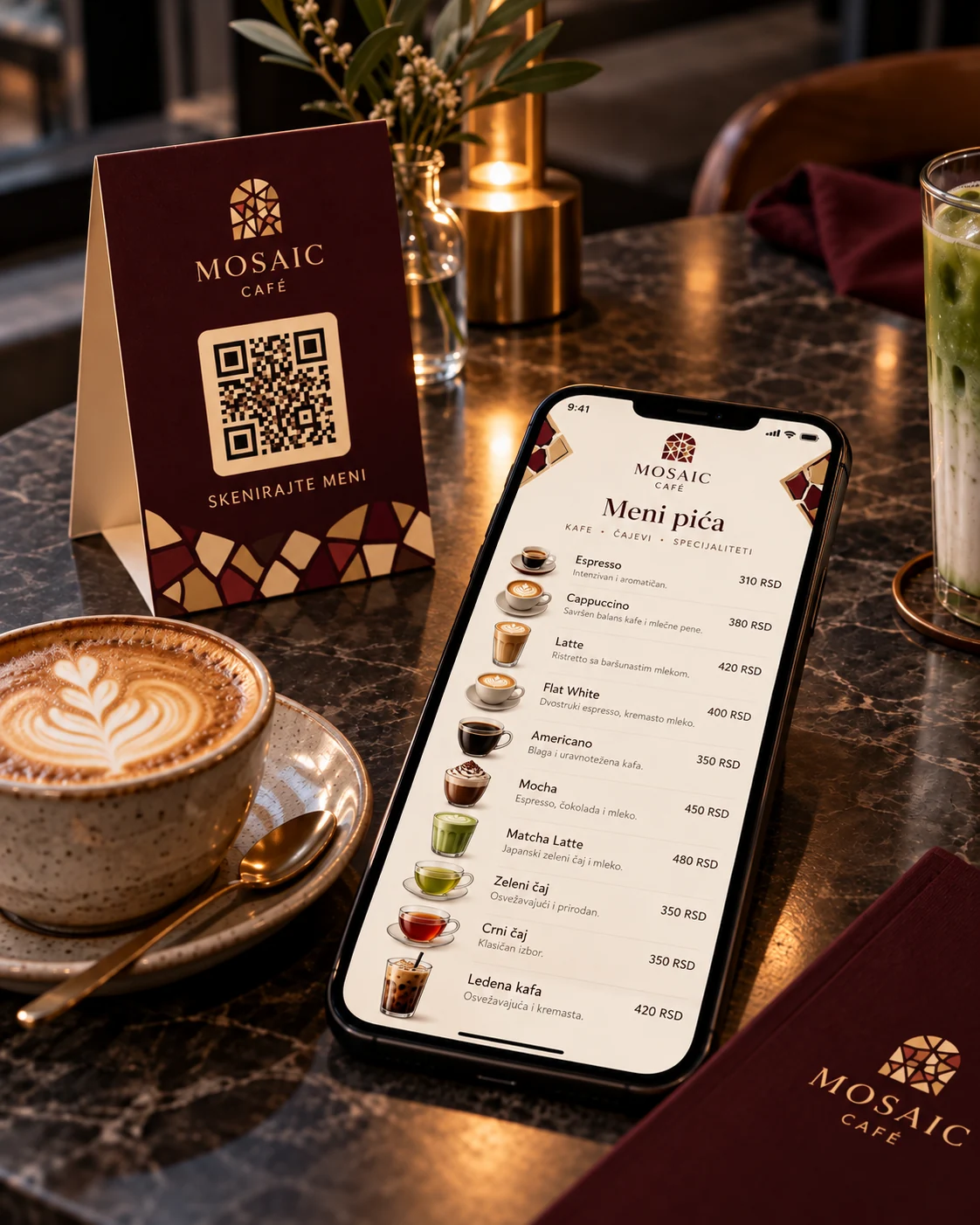 QR digital menu shown on a phone beside a table QR code