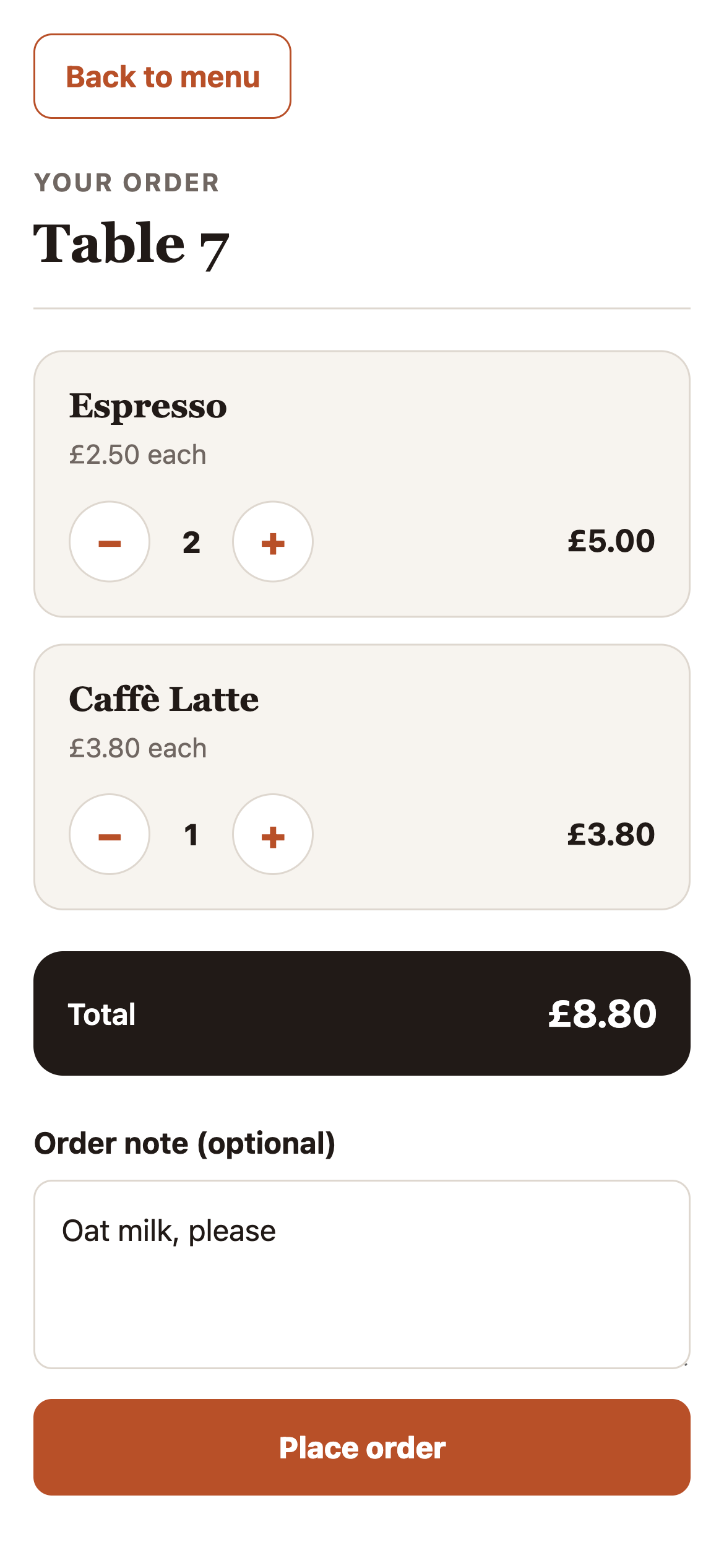 North Café customer cart screen