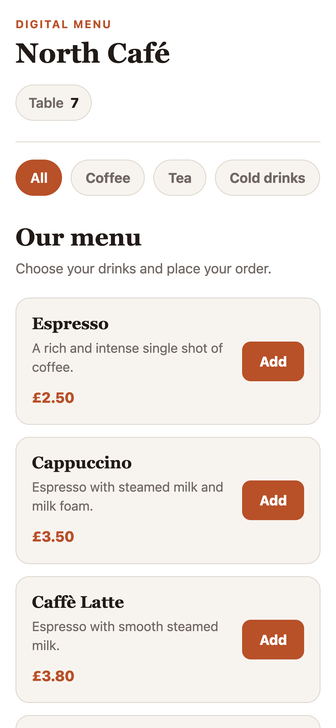 North Café customer QR menu