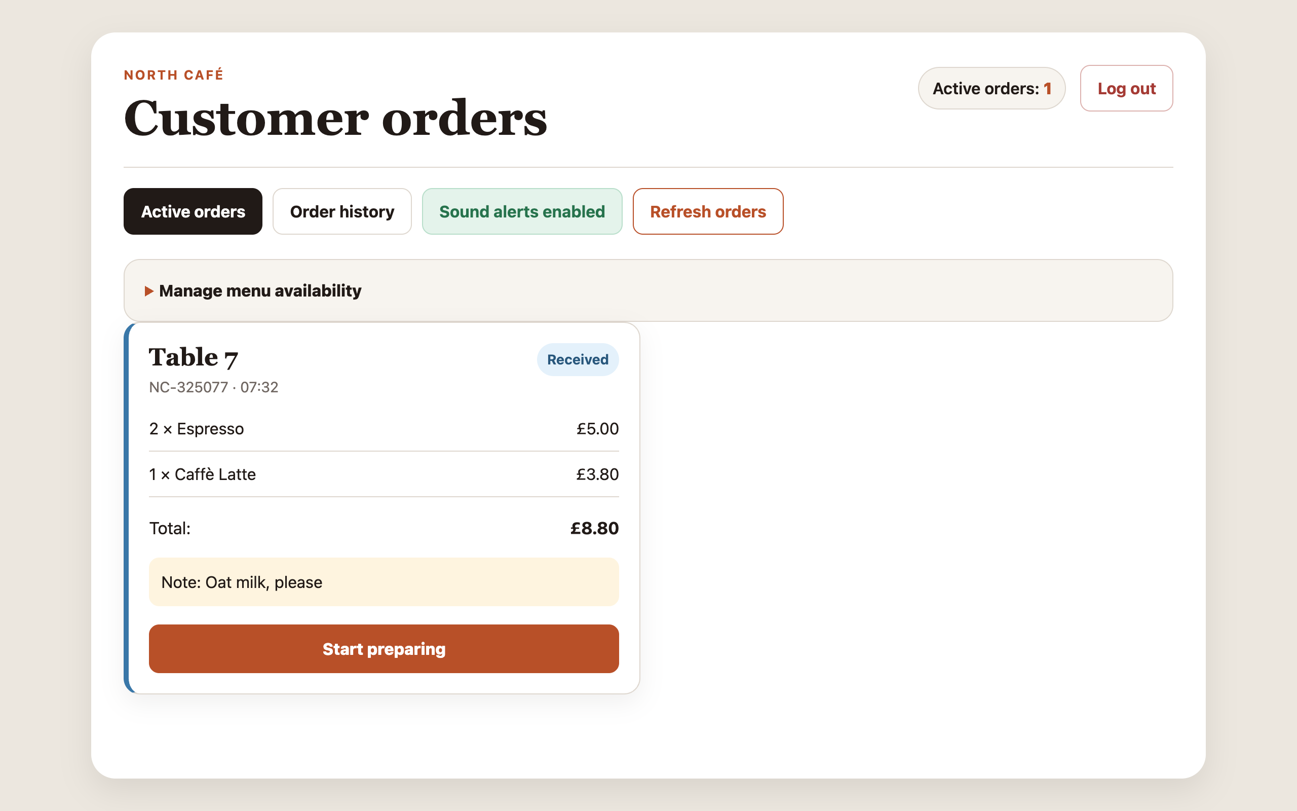 North Café staff order dashboard